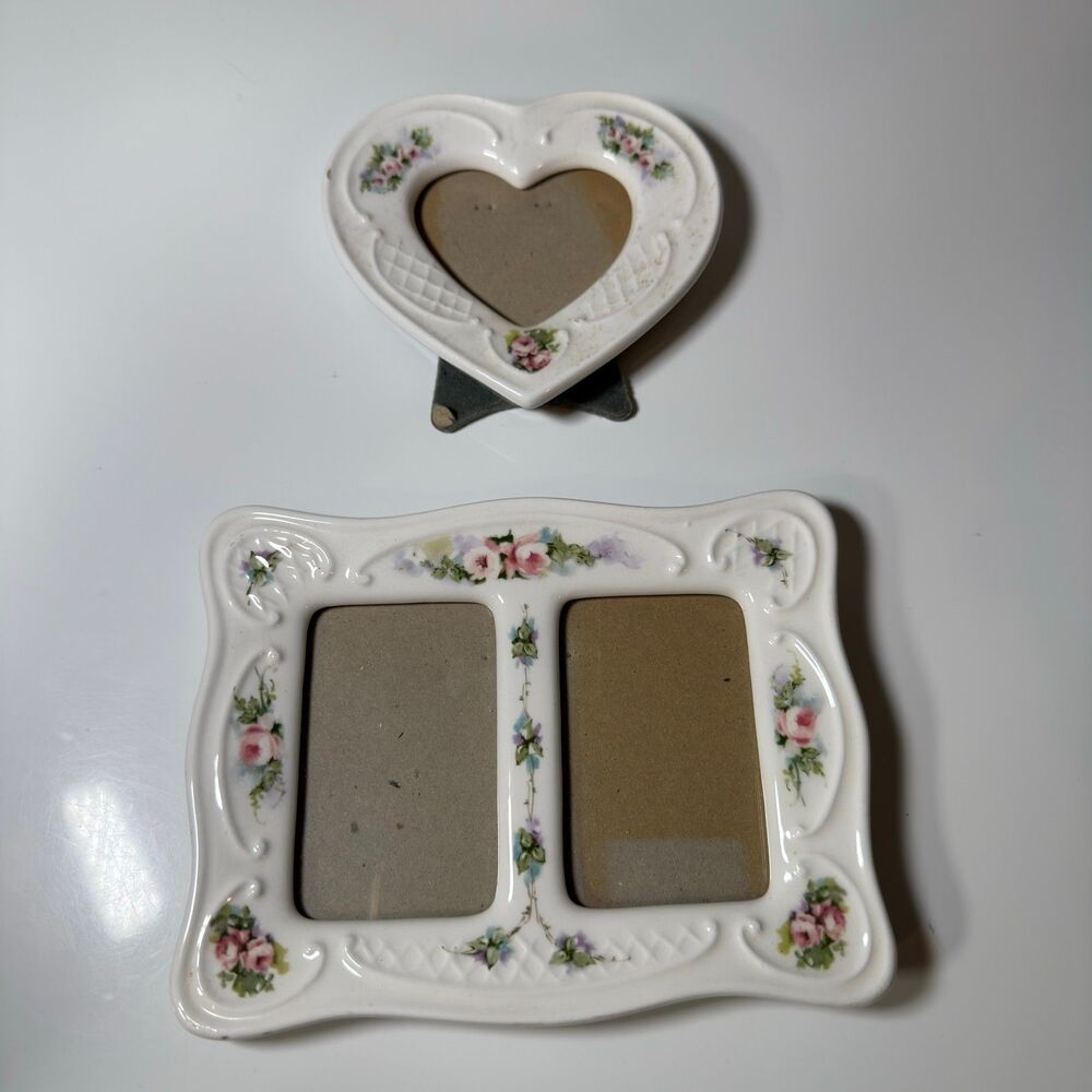 Vintage Cottagecore Porcelain Picture Frames Heart Double Pink Rose Floral Lot
